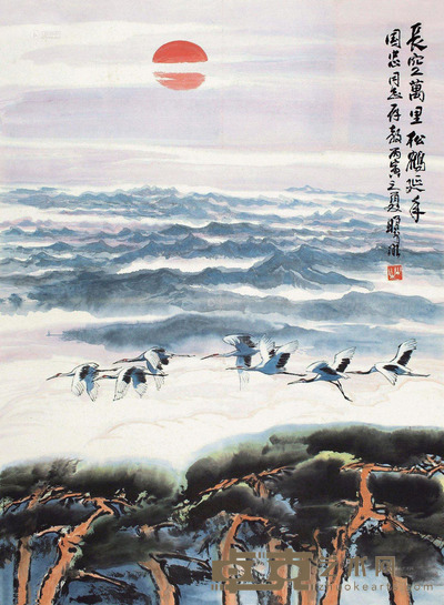 林曦明 丙寅1986年作 松鹤延年 镜片 设色纸本 93.5×68.5cm