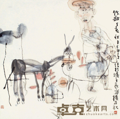 施大畏 丁亥2007年作 牧歌 镜框 设色纸本 38×38cm