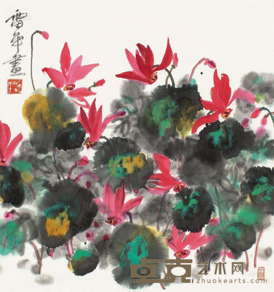 张雷平 花鸟 镜框 设色纸本 44×44cm