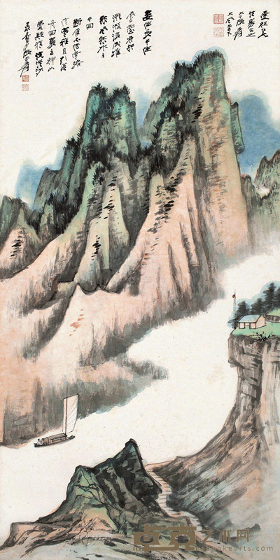 张大千 丁亥1947年作 青山帆影 立轴 设色纸本 98×49cm