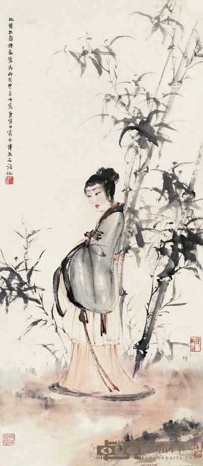 傅抱石 庚寅1950年作 竹荫仕女 设色纸本 85×37cm