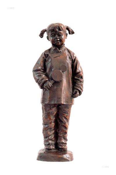 田跃民 2012年作 拿拨浪鼓的女孩 青铜雕塑