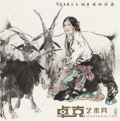 刘大为 壬辰2012年作 藏族姑娘 镜片 设色纸本 68×68cm