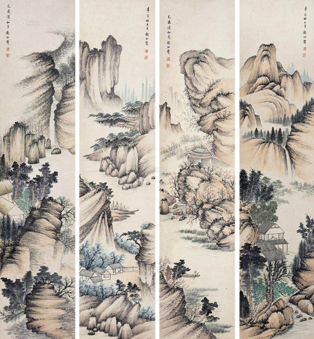 赵松声 辛巳（1941年）作、乙酉（1945年）作 山水 四屏 纸本