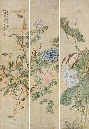 谢杰 壬寅（1902年）作 花卉 三屏镜心 绢本