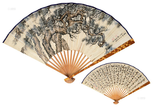 赵松声 乙亥（1935年）作 苍松图 小楷七言诗 成扇 纸本