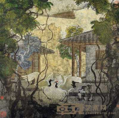 郑力 庭院双鹤 镜片 设色纸本 89×89.5cm