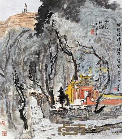 童中焘 戊辰(1988)年作 古刹林樾 镜片 设色纸本 80×69.5cm