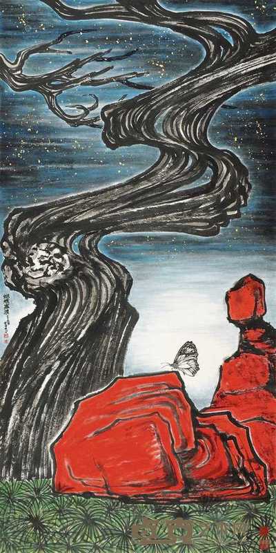 罗青 2009年作 蝴蝶罗汉 镜片 设色纸本 136.5×68.5cm