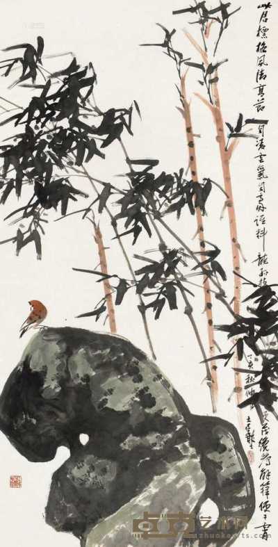 张继馨 丁亥（2007）年作 竹雀图 镜片 设色纸本 137×69.5cm