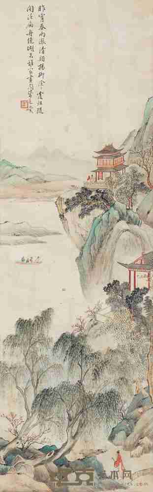 丁俟斋 山水 立轴 设色绢本 94×29cm
