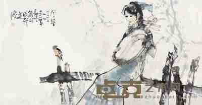 沈道鸿 月琴叮叮 镜框 设色纸本 100×54cm
