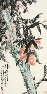 刘昌潮 丁卯（1987）年作 结实之桃 镜片 设色纸本