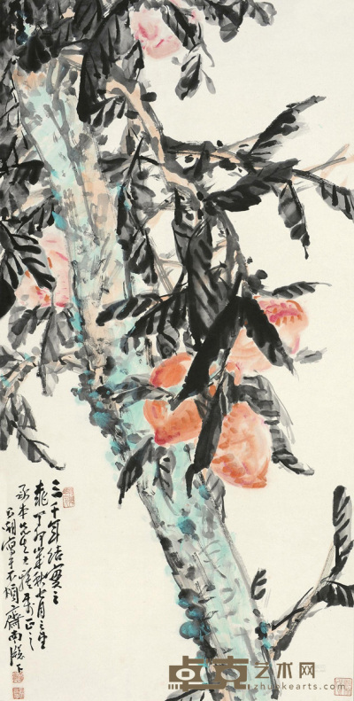 刘昌潮 丁卯（1987）年作 结实之桃 镜片 设色纸本 118×59cm