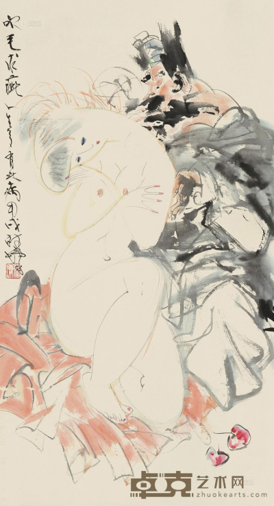 林墉 甲戌（1994）年作 吹毛求疵 立轴 设色纸本 127×68cm