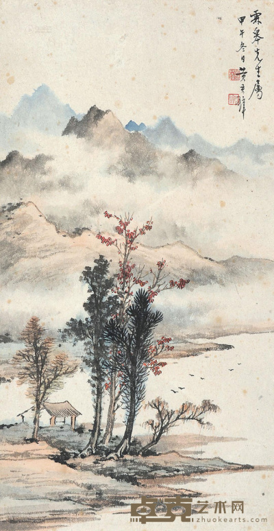 黄君璧 甲午（1954）年作 山水 镜片 设色纸本 56×29cm