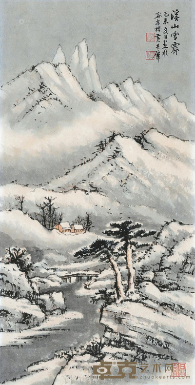 黄君璧 己未（1979）年作 溪山雪齐 镜片 设色纸本 50×30cm