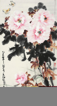 陈子毅 乙丑（1985）年作 牡丹双蝶 立轴 设色纸本