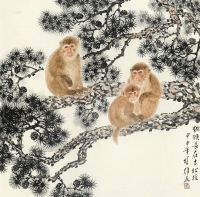 方楚雄 甲申（2004）年作 猕猴长在古松枝 镜片 设色纸本