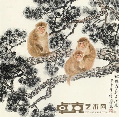 方楚雄 甲申（2004）年作 猕猴长在古松枝 镜片 设色纸本 70×69cm