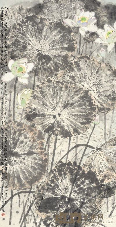 方楚雄 丙子（1996）年作 荷塘鱼乐图 镜片 设色纸本 137×70cm