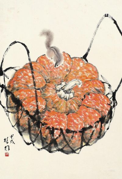 方楚雄 甲戌（1994）年作 南瓜松鼠 镜片 设色纸本