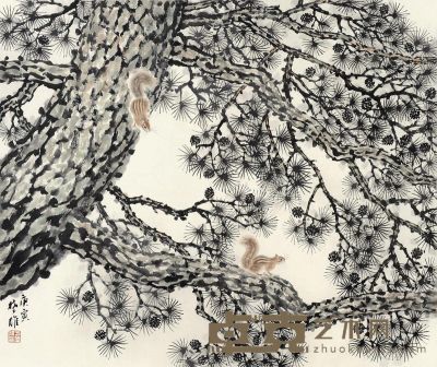 方楚雄 庚寅（2010）年作 松间嬉戏 镜片 设色纸本 100×85cm