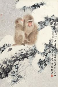 方楚雄 甲戌（1994）年作 苍松双猴 镜片 设色纸本