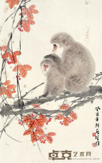 方楚雄 癸酉（1993）年作 红叶双猴 镜片 设色纸本 69×42cm