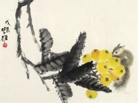 方楚雄 戊辰（1988）年作 摘行枇杷满树金 镜片 设色纸本