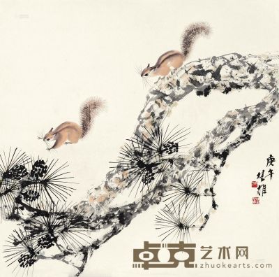 方楚雄 庚午（1990）年作 松鼠 镜片 设色纸本 67×67cm