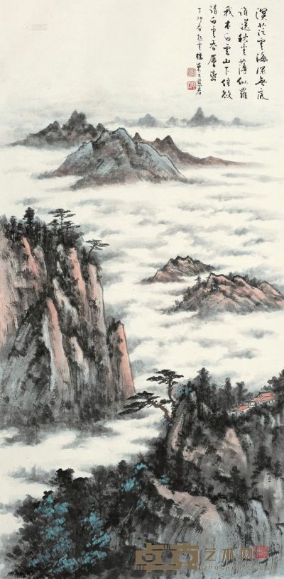 东方慈君 丁卯（1987）年作 山水 立轴 设色纸本 140×68cm