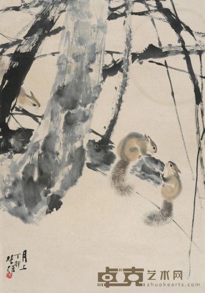 方楚雄 丁卯（1987）年作 松鼠 镜片 设色纸本 69×48cm