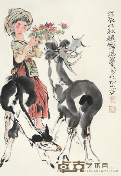 程十发 戊辰（1988）年作 少女与鹿 立轴 设色纸本 66×44cm