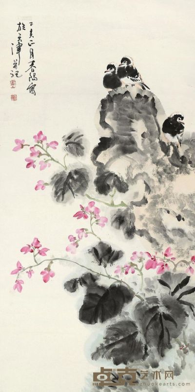 霍春阳 乙亥（1995）年作 花鸟 立轴 设色纸本 136×67.5cm