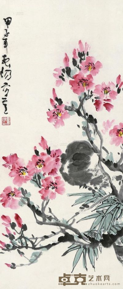 霍春阳 甲子（1984）年作 花卉 镜片 设色纸本 90×38cm