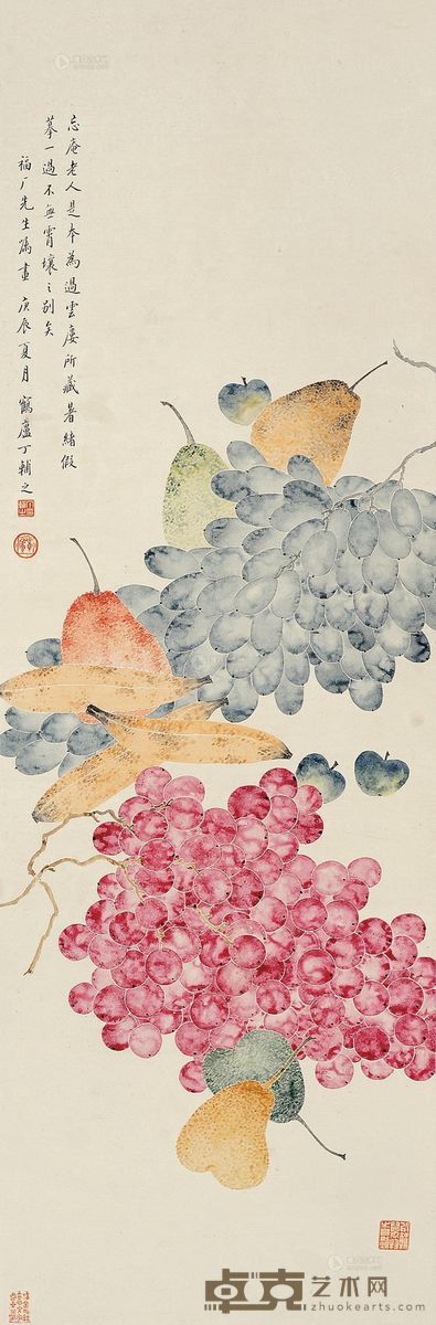 丁辅之 庚辰（1940）年作 蔬果图 立轴 设色纸本 92×30cm