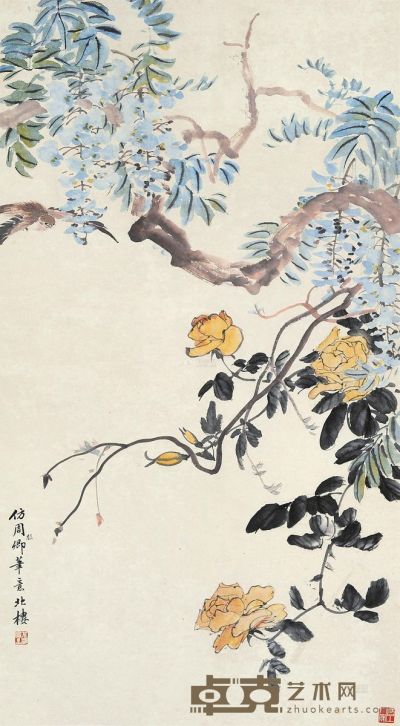 金城 花卉 镜片 设色纸本 85×47cm