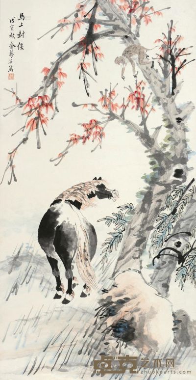 金梦石 戊寅（1998）年作 马上封侯 立轴 设色纸本 100×51cm