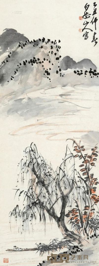 王震 乙丑（1985）年作 山水 立轴 设色纸本 102×37cm
