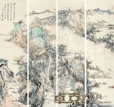陈玉圃 甲申（2004）年作 山水 立轴 设色纸本 135×34cm×4