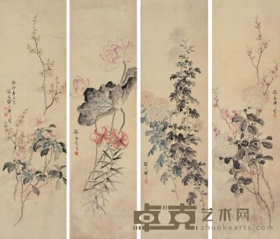 张兆祥 癸卯（1903）年作 花卉 四屏镜片 设色绢本 122×34cm×4