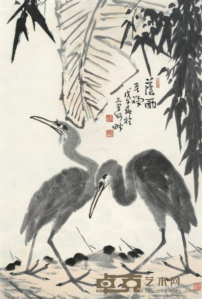 李苦禅 戊午（1978）年作 荫雨 镜片 设色纸本 101×68cm