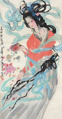 石齐 庚申（1980）年作 天女散花图 镜片 设色纸本