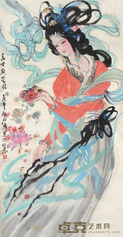 石齐 庚申（1980）年作 天女散花图 镜片 设色纸本 132×68cm