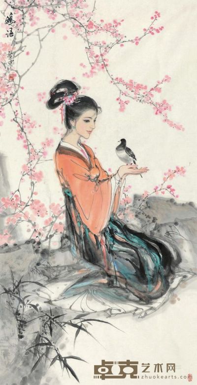 伍启中 鸽语 镜片 设色纸本 138×70cm