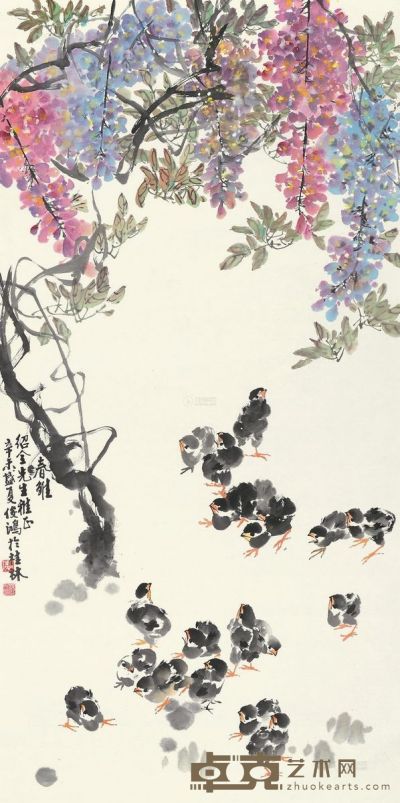 廖俊鸿 辛未（1991）年作 春雏 镜片 设色纸本 138×68cm