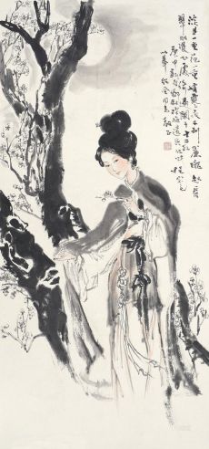 程宗元 庚申（1980）年作 赏梅图 镜片 设色纸本