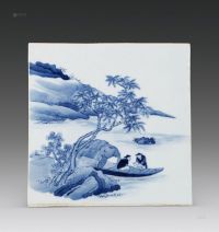 清中期 青花山水人物瓷板