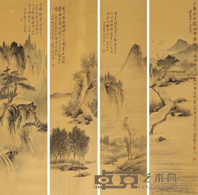 赵亭人 山水 138×34cm×4